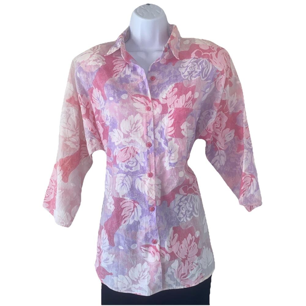 VTG Best Blouse Women M Pink Floral Boho Prairie Tropical Resort Fairy Blouse